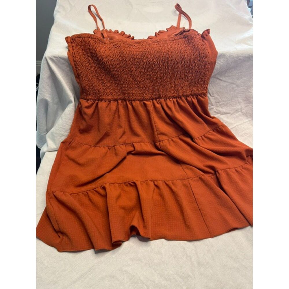 No Boundaries Rust Orange Tiered Mini Dress with Smocked Back - Size L (12-14)